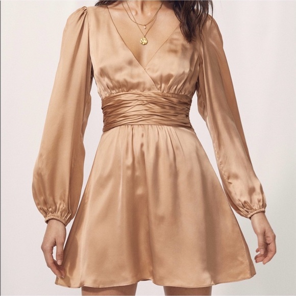 Wilfred Satin Long Sleeve Dress in Tan - Picture 2 of 8
